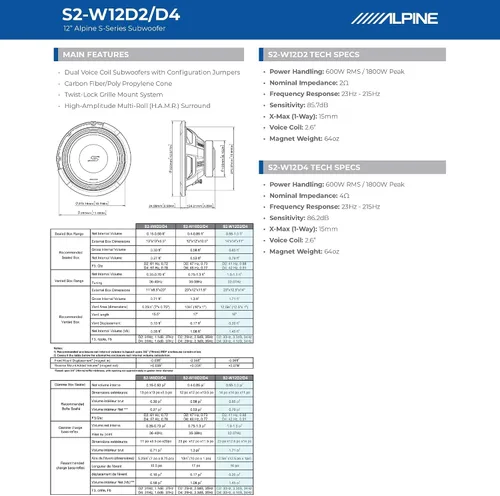 Miniatura 7 de Alpine S2-W12D2 - Subwoofer dual para automóvil de 2 ohmios de 12 pulgadas, 1800 W máximo, 600 W RMS