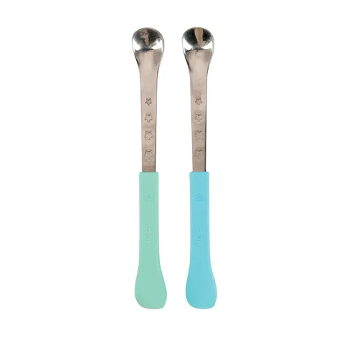 Nuby Cucharas de alimentación de doble extremo de silicona y acero inoxidable 2 en 1 para bebé, aguamarina/azul
