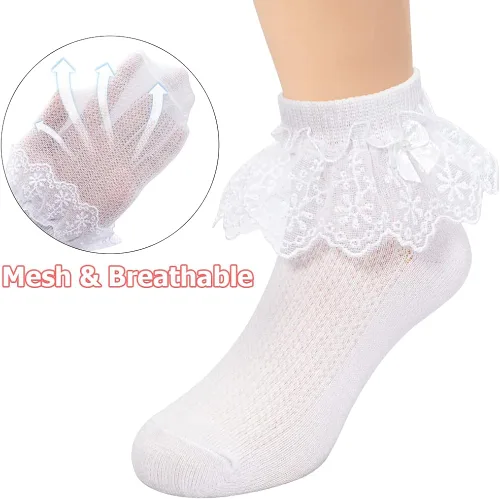 Miniatura 2 de akkilar Paquete de 4 calcetines con volantes para niñas pequeñas con lazo de malla de encaje con ribete de volantes y ojales de princesa para niños