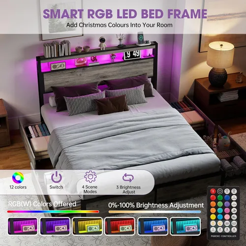 Miniatura 3 de Full Bed Frame with 2-Tier Storage Headboard and 4 Drawers, Metal Platform Bed Frame with LED & Charging Station, No Box Spring Needed/Noise