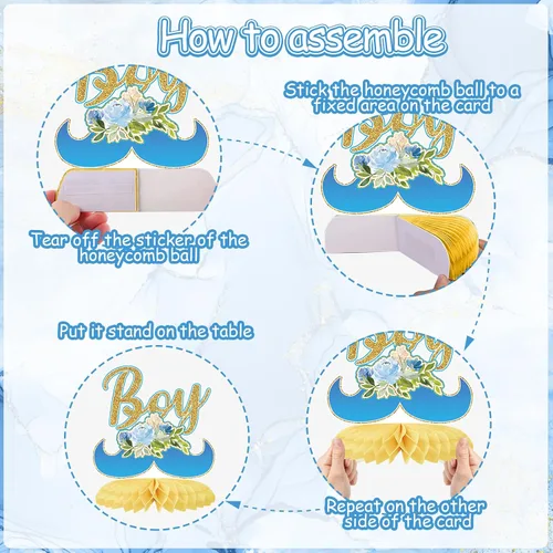Miniatura 4 de Tarklanda 12 centros de mesa de nido de abeja para baby shower, decoración de fiesta para niños, diseño floral azul dorado con texto en inglés "It's