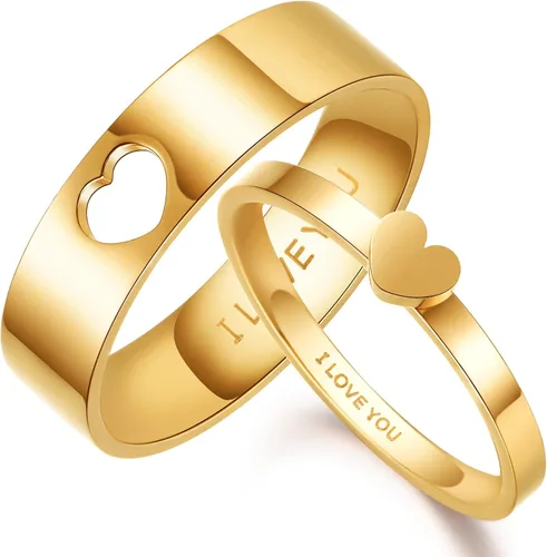 MISUMOR 1PCS Couples Rings Matching Heart Promise Rings for Her or Him SilverGoldRose goldBlack I LOVE YOU Engagement Wedding Bands with Necklace