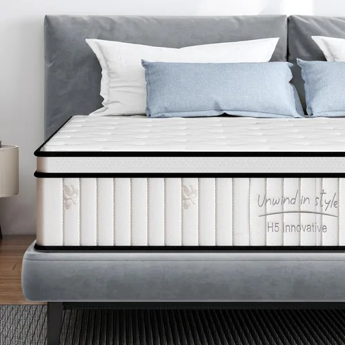 Colchón individual de 10 pulgadas y cama en una caja, colchón híbrido tamaño King con espuma viscoelástica y resortes ensanchados laterales, tela