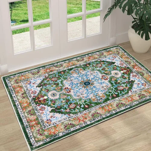 U'Artlines Alfombra de Área Bohemia Lavable, 2x3 Pequeña Suave Antideslizante Vintage Felpudo para Puerta Frontal Interior Alfombra Verde para