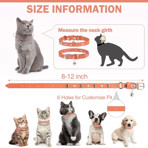 Miniatura 4 de Collares de cuero para gatos DILLYBUD para gatos macho y hembra con campana y cinturón elástico de seguridad, hebilla ajustable personalizada