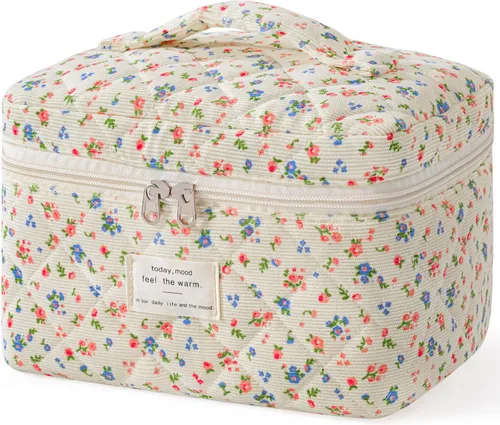 Miniatura 17 de HBselect Bolsa de Maquillaje Acolchada, Bolsa de Maquillaje Grande de Algodón para Viaje, Lindas Bolsas de Maquillaje con Flores Coquette, Bolsas