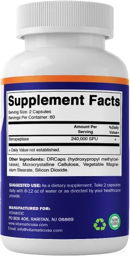 Miniatura 8 de Vitamatic Serrapeptase 240,000 SPU por porción, 120 cápsulas de liberación retardada - Recubrimiento entérico - Sin OGM - Fabricado en los Estados