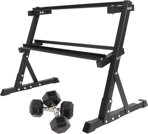 Signature Fitness Fitvids Mancuerna hexagonal con revestimiento de goma, par de 25 libras con estante de 2 niveles, par de 25 libras con 2 estantes