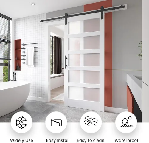 Miniatura 2 de EaseLife puerta de granero de vidrio de 28 x 84 pulgadas con kit de herrajes deslizantes de 5 pies incluido y manija, madera maciza cubierta
