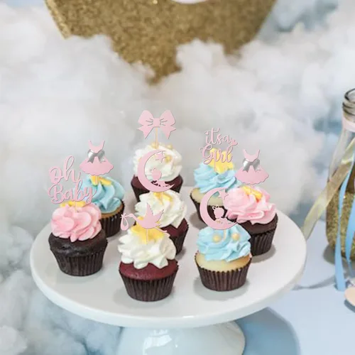 Miniatura 7 de 24 piezas de adornos para cupcakes con lazo con purpurina, vestido de luna Oh Baby para revelación de género, baby shower, fiesta de cumpleaños
