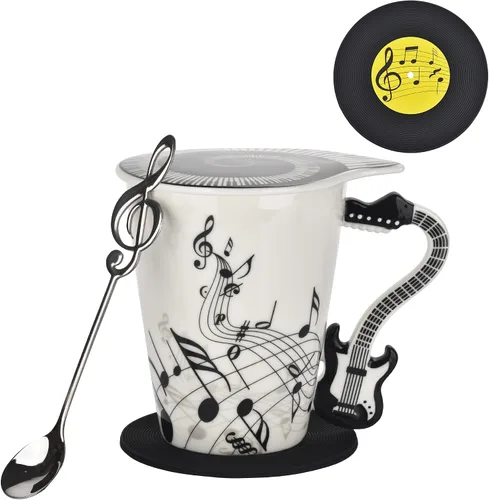 Taza de café de guitarra de 12.9 oz con diseño de notas musicales con tapa temática de música y cuchara y posavasos, regalos para guitarristas
