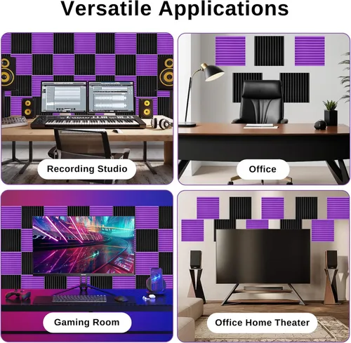 Miniatura 5 de Paquete de 52 paneles de espuma acústica, de 1 x 12 x 12 pulgadas, paneles de pared de espuma acústica de absorción de sonido (color negro/morado)