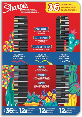 Sharpie - Paquete de variedad de marcadores creativos, marcadores de pintura acrílica a base de agua, puntas y colores surtidos, 36 unidades