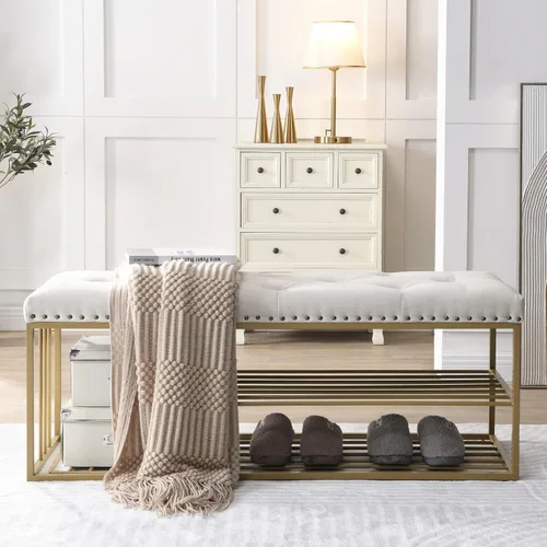 Miniatura 4 de Banco de lino con almacenamiento de zapatos de entrada con asiento acolchado copetudo, banco otomano con marco mental dorado para dormitorio, Beige
