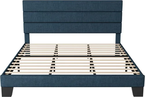 Miniatura 8 de Allewie - Base de cama tamaño King con cabecera tapizada en tela y soporte de listones de madera; base de colchón completamente tapizada; no Azul