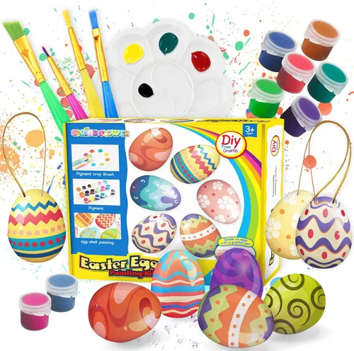 Miniatura 6 de Kit de pintura de huevos coloridos de Pascua, huevos flocados pintables con kit de garabatos para diseño de bricolaje, huevos flocados colgantes