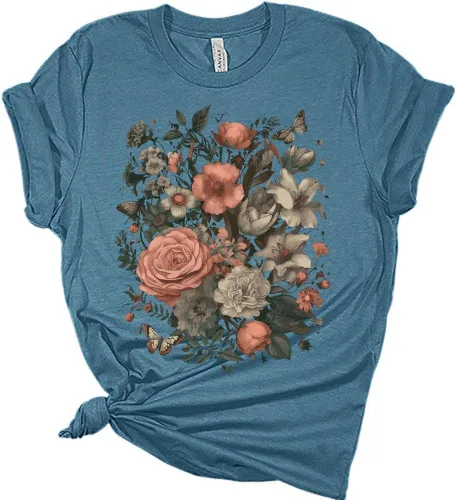 Camisas florales para mujer, diseño vintage de flores silvestres, camisetas de manga corta con diseño de mariposas, camisetas de verano Bella
