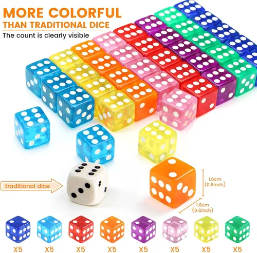 Miniatura 2 de GWHOLE Juego de 40 dados de 6 caras, 8 colores translúcidos para juegos de mesa y enseñanza de matemáticas
