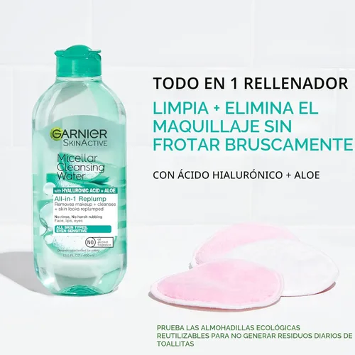 Miniatura 2 de Garnier Agua micelar con ácido hialurónico, limpiador facial y removedor de maquillaje, hidratante y relleno, para todo tipo de piel, vegano, libre