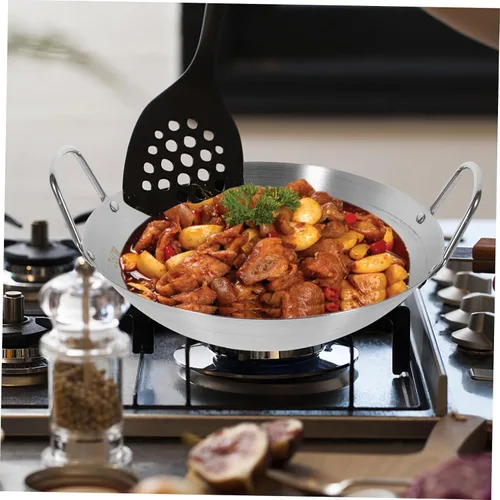 Miniatura 6 de DECHOUS Wok de camping antiadherente de acero inoxidable, 11 pulgadas de diámetro, doble mango, diseño de fondo redondo que atrapa el calor