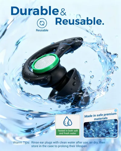 Miniatura 5 de Tapones para los oídos para nadar, 2 pares de tapones para los oídos de silicona suave, reutilizables, impermeables, para adultos y hombres