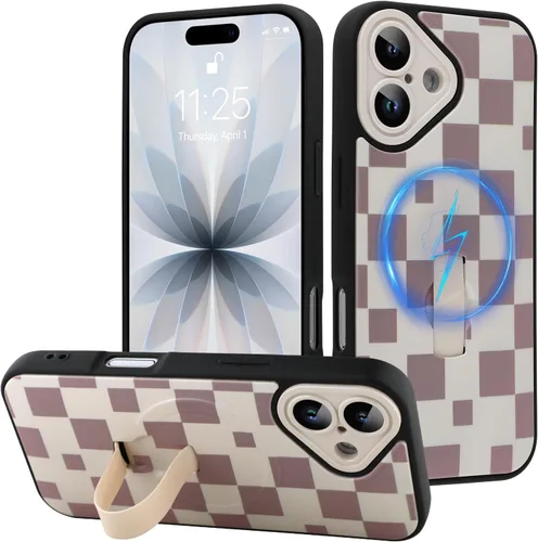 Miniatura 59 de Funda diseñada para iPhone 17 Pro Max con soporte plegable y correa para dedos, bonito patrón de lazo de corazón de flor rosa para mujeres y niñas
