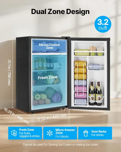 Miniatura 2 de VEVOR Mini refrigerador de 3.2 pies cúbicos con congelador, refrigerador compacto de una sola puerta con zona congelada de micras, temperatura Negro