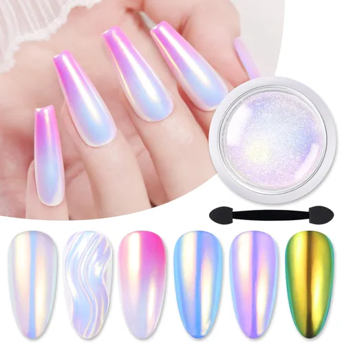 Miniatura 12 de Born Pretty Polvo de Uñas Holográfico Fino Efecto Arco Iris Iridescente Multi Cromo para Manicura en Polvo de Pigmento Holográfico para Salón, Arte