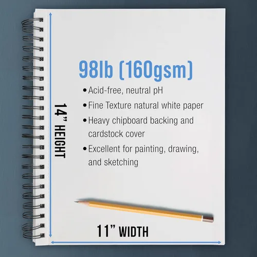 Miniatura 3 de U.S. Art Supply Cuaderno de bocetos mixto de 11 x 14 pulgadas, paquete de 2 (60 hojas), 98 libras (160 GSM) - Bloc encuadernado en espiral con papel