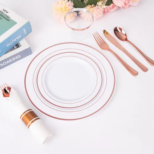 Miniatura 8 de WELLIFE 350 platos de plástico de oro rosa para 50 invitados, juego de vajilla de plástico, suministros para fiestas incluye 100 platos de oro rosa
