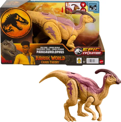 Mattel Jurassic World - Figura de acción de dinosaurio Wild Roar, parasaurolophus con columna vertebral brillante revelan luces y sonido, juguete