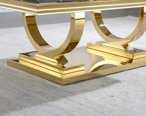 Miniatura 6 de Mesa de centro de mármol negro Henf de lujo, mesa auxiliar rectangular de mármol sintético de imitación con base de acero inoxidable dorado