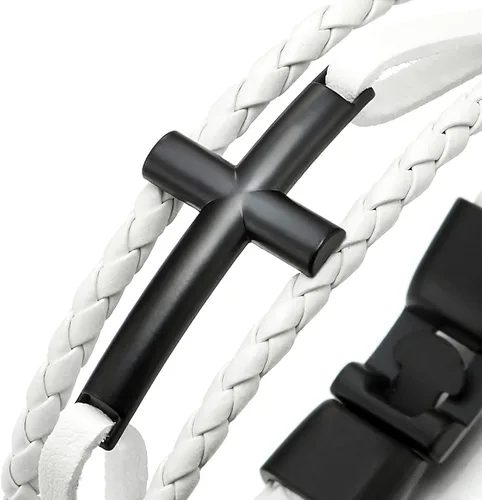 Miniatura 2 de COOLSTEELANDBEYOND Pulsera de cuero trenzado marrón con cruz lateral lateral horizontal negra para hombres y mujeres