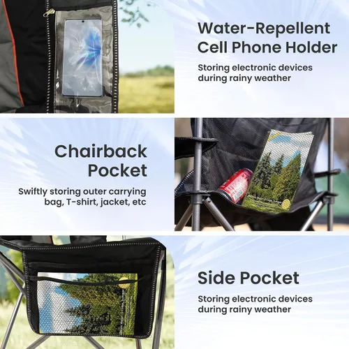 Miniatura 9 de Silla de Camping Sobredimensionada de Alta Resistencia - Silla Plegable Portátil, Portavasos y Estuche para Teléfono Impermeable para Adultos, negro