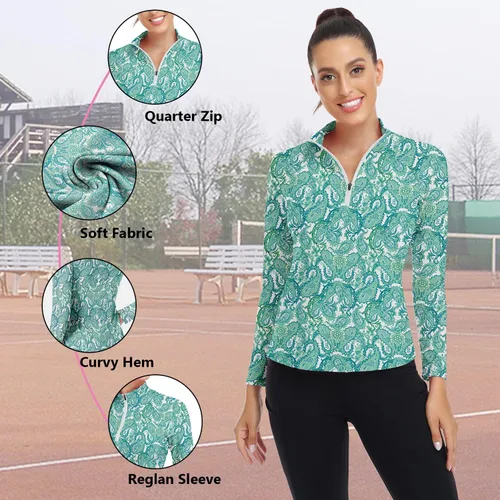Miniatura 159 de WOWENY Camiseta deportiva de manga larga para mujer, con cremallera de un cuarto, cuello para entrenamiento, camiseta de tenis con estampado