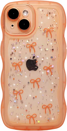 Miniatura 88 de Qokey Funda para iPhone 12 Pro Max de 6.7 pulgadas, diseño de onda rizada, borde transparente, brillante con purpurina, estrella brillante, bonita