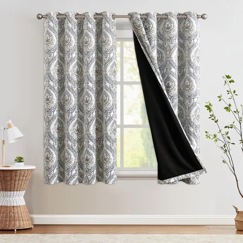 Miniatura 32 de jinchan Cortinas opacas de 90 pulgadas de largo, 2 paneles de medallón de damasco azul, cortinas de ventana para dormitorio, con ojales, aislamiento