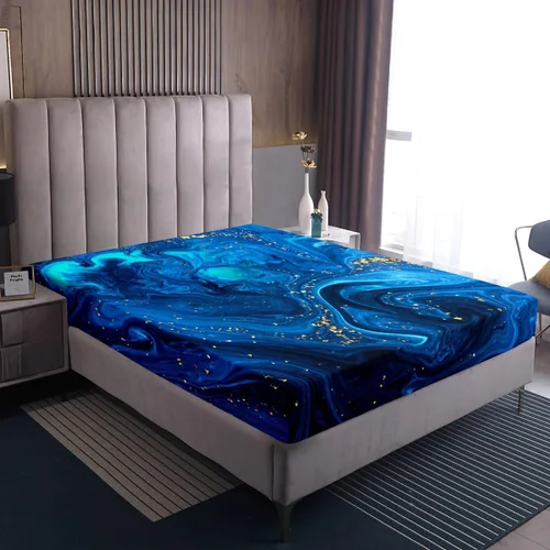 Miniatura 4 de Erosebridal Sábana bajera ajustable con patrón de piedra azul con estampado de mármol azul, juego de ropa de cama líquida trippy para niños, niñas