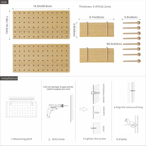 Miniatura 7 de Tablero de Clavijas de Madera Modular para Exhibición Organización Almacenamiento Ganchos de Pared Estante (Color: Roble)