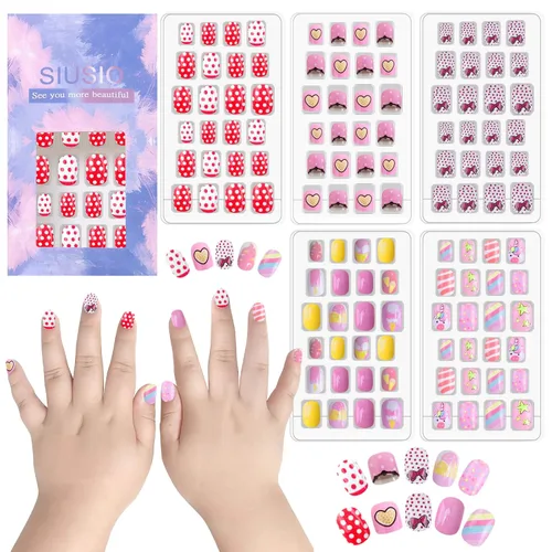 Miniatura 10 de 120 unidades de 5 uñas postizas acrílicas a presión para niños, lindo prepegamento de cubierta completa con purpurina, color degradado, arcoíris