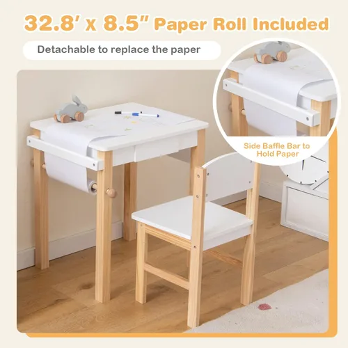 Miniatura 5 de HONEY JOY Juego de mesa y silla para niños, escritorio de madera y silla con cajón, portarollos de papel y 2 bolígrafos, juego de mesa de blanco 1