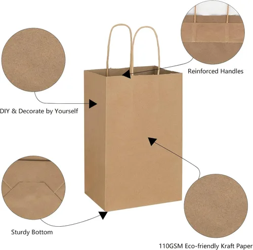 Miniatura 3 de Toovip Paquete de 50 bolsas pequeñas de papel kraft marrón liso de 5.25 x 3.25 x 8.25 pulgadas con asas a granel, bolsas de regalo para regalos