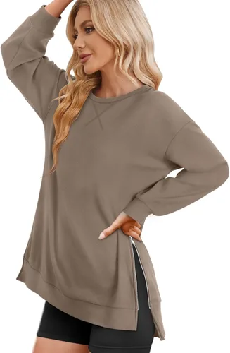 Miniatura 3 de WIHOLL Sudadera ligera de gran tamaño para mujer con cremallera lateral y cuello redondo suave, manga larga, moda 2024