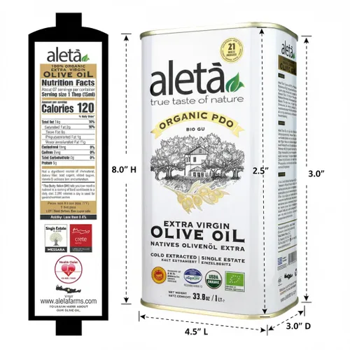 Miniatura 6 de Aleta, Aceite de oliva virgen extra griego orgánico USDA, certificado por la UE, DOP Grecia, 1 litro (33.8 oz.) lata, Kosher EK, paquete de 1