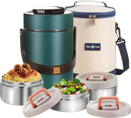 Miniatura 9 de Termo mejorado de 67 onzas para comida caliente, termo apilable de 3 capas, tarro de sopa con bolsa aislante, ideal para oficina, comidas al aire 67