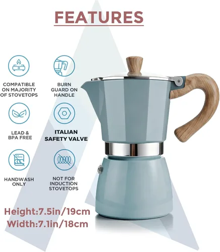 Miniatura 6 de AGOGO Milano Moka - Máquina de café expreso con 100 filtros de papel para café sin sedimentos, greca italiana clásica con mango de grano de madera