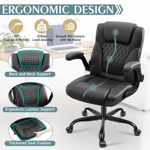 Miniatura 6 de Silla de cuero PU con soporte ergonómico lumbar, gira 360°, pequeña, ruedas, reposabrazos ajustables, para gente chaparra, para escritorio, Negro