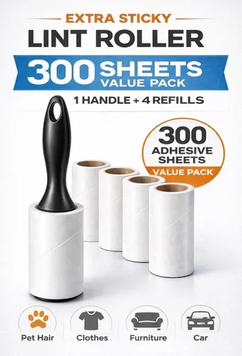 Miniatura 2 de Rodillo de pelusa para pelo de mascotas extra pegajoso – 300 hojas, 1 mango + 5 rollos de recambio, removedor de pelo de perro y gato para ropa