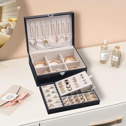 Miniatura 4 de COOYUY Joyero para mujeres niñas esposa regalo ideal organizador de joyas de doble capa aretes pulseras anillos collares piel sintética y terciopelo