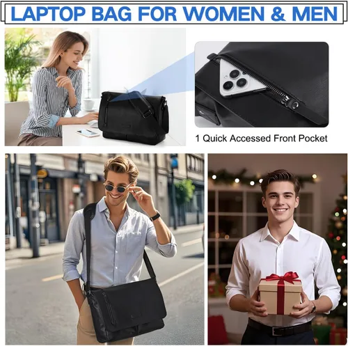 Miniatura 2 de VX VONXURY Bolsa de mensajero para hombre, piel sintética de 14 pulgadas, maletín para laptop para trabajo y escuela, café, Piel sintética negra